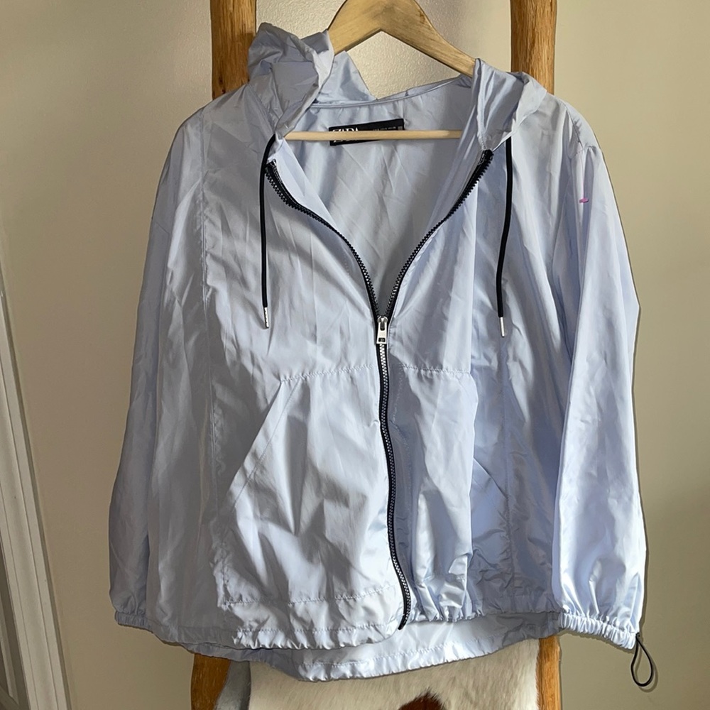 NWOT Zara Ice Blue Light Weight Hooded Windbreaker Jacket